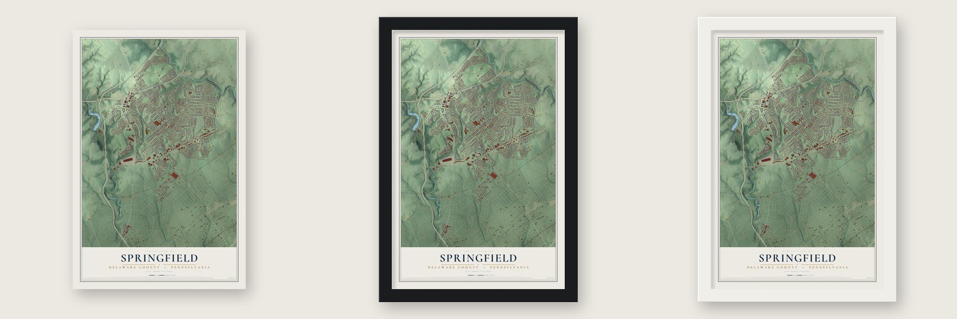 Springfield, Delaware County, Pennsylvania map unframed, in a black wood frame and in a white wood frame