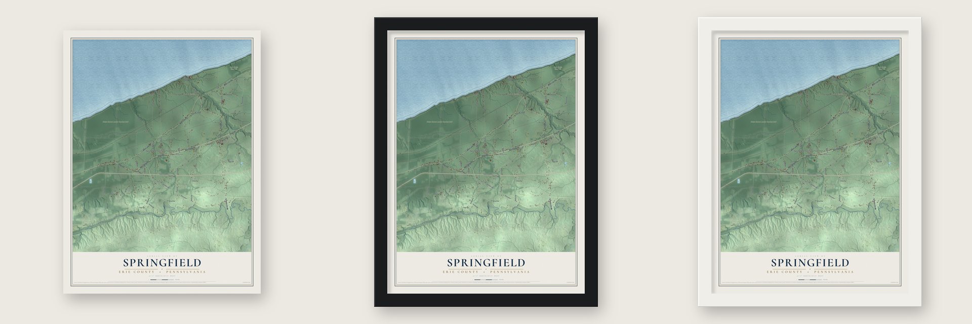Springfield, Erie County, Pennsylvania map unframed, in a black wood frame and in a white wood frame