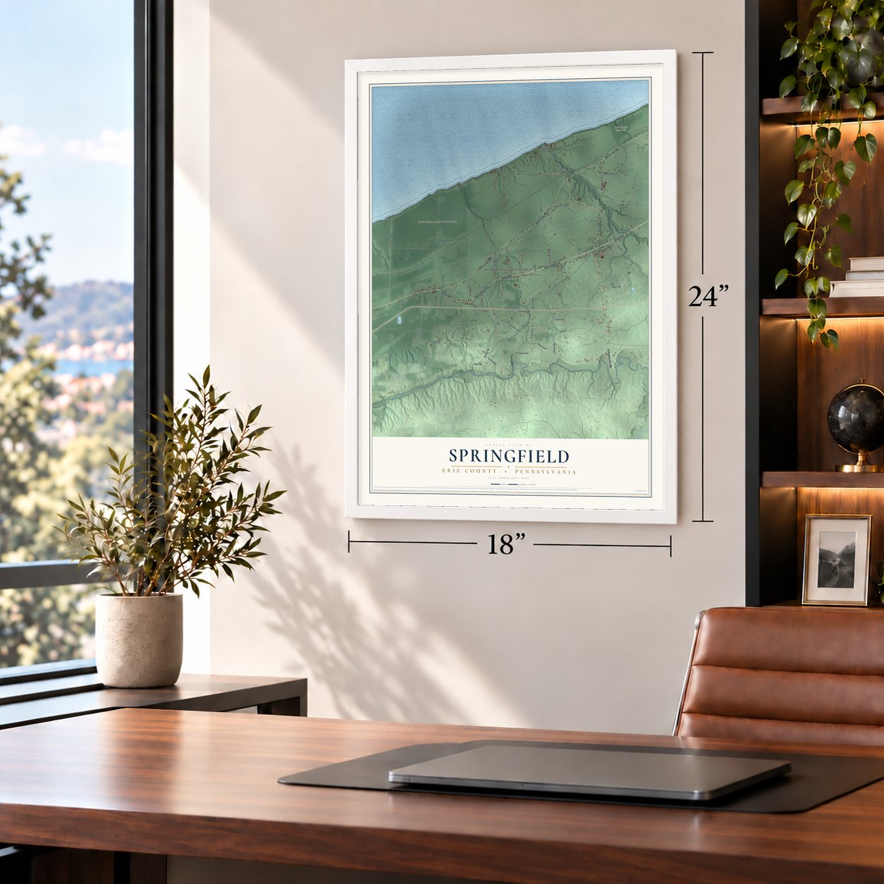 Springfield, Erie County, Pennsylvania map, 18 x 24 inch print in a white frame in a home office