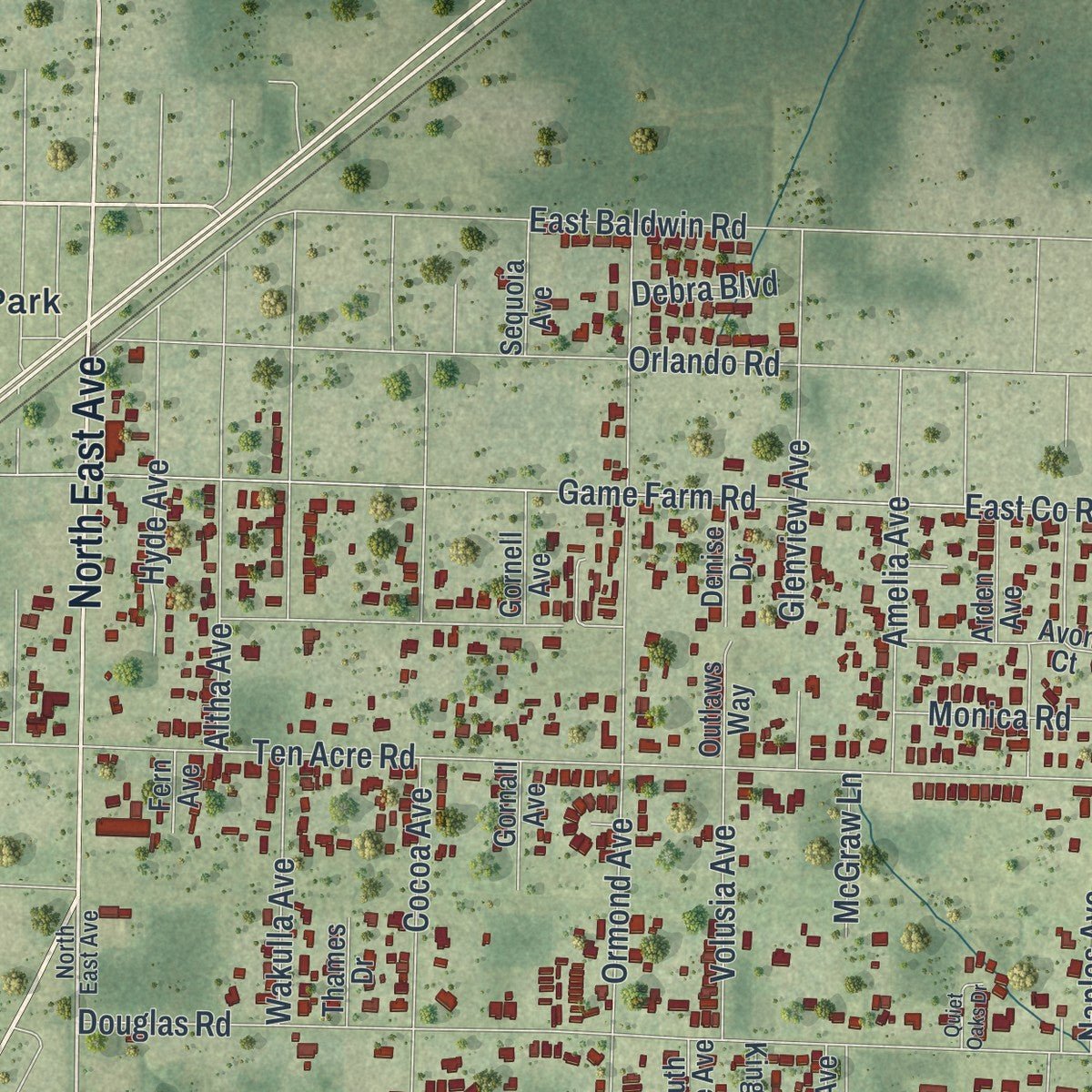 Second close-up of the map of Springfield, Florida print showing more streets and buildings