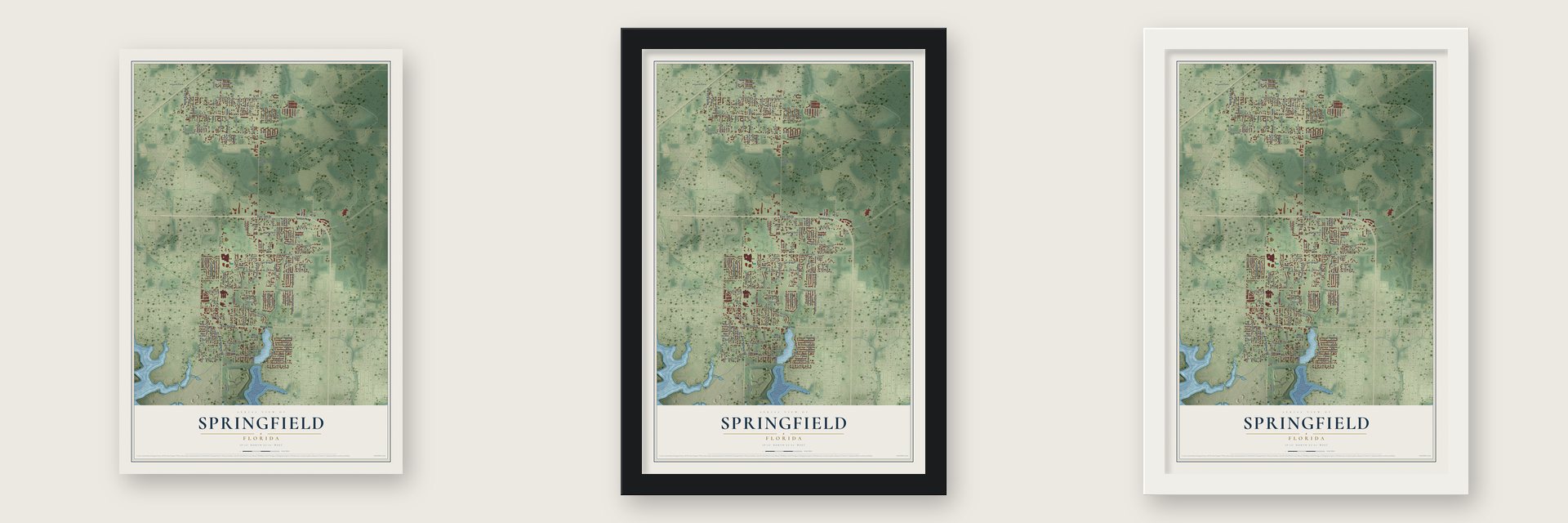 Springfield, Florida map unframed, in a black wood frame and in a white wood frame