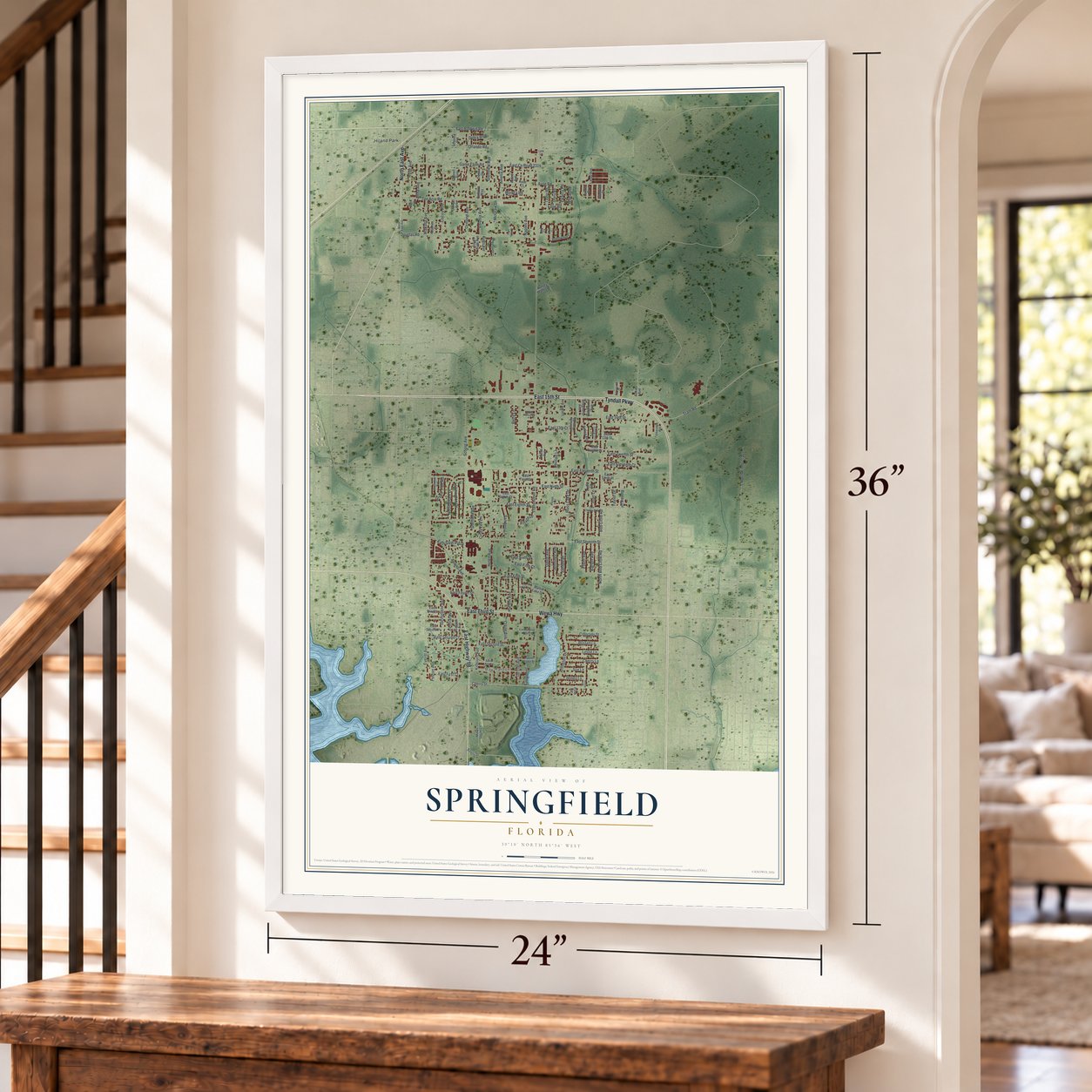 Springfield, Florida map, 24 x 36 inch print in a white frame by a staircase