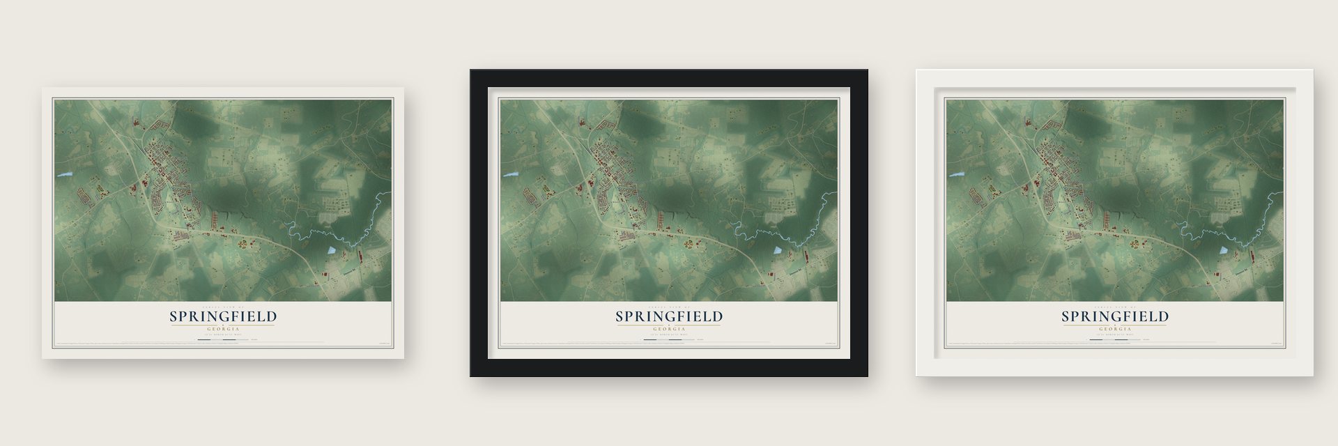 Springfield, Georgia map unframed, in a black wood frame and in a white wood frame