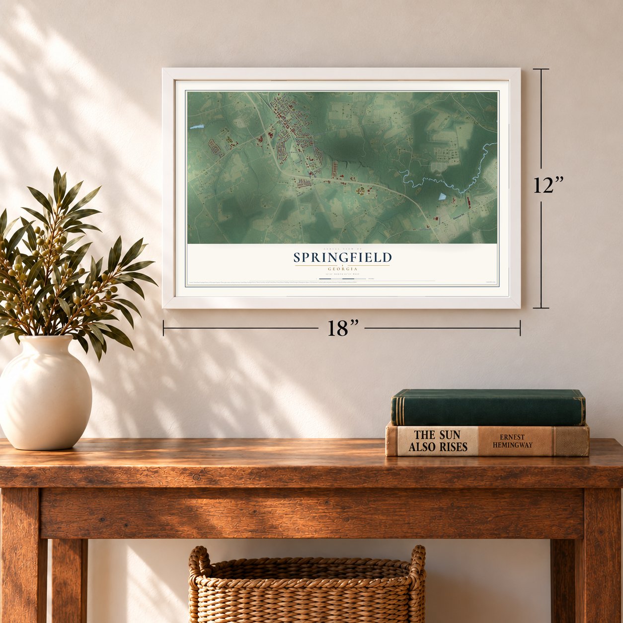 Springfield, Georgia map, 12 x 18 inch print in a white frame in an entryway