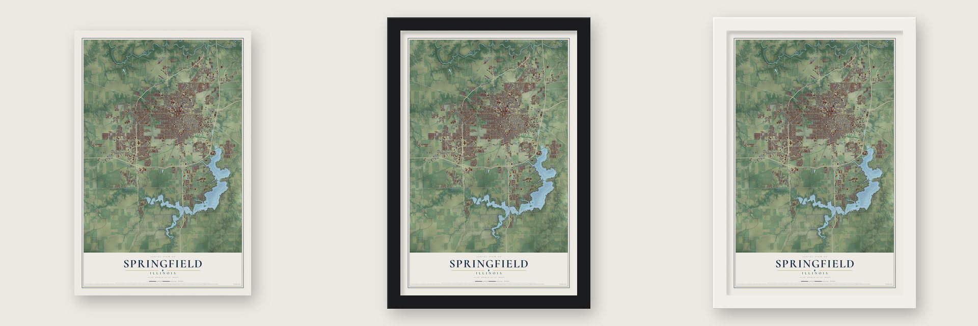 Springfield, Illinois map unframed, in a black wood frame and in a white wood frame