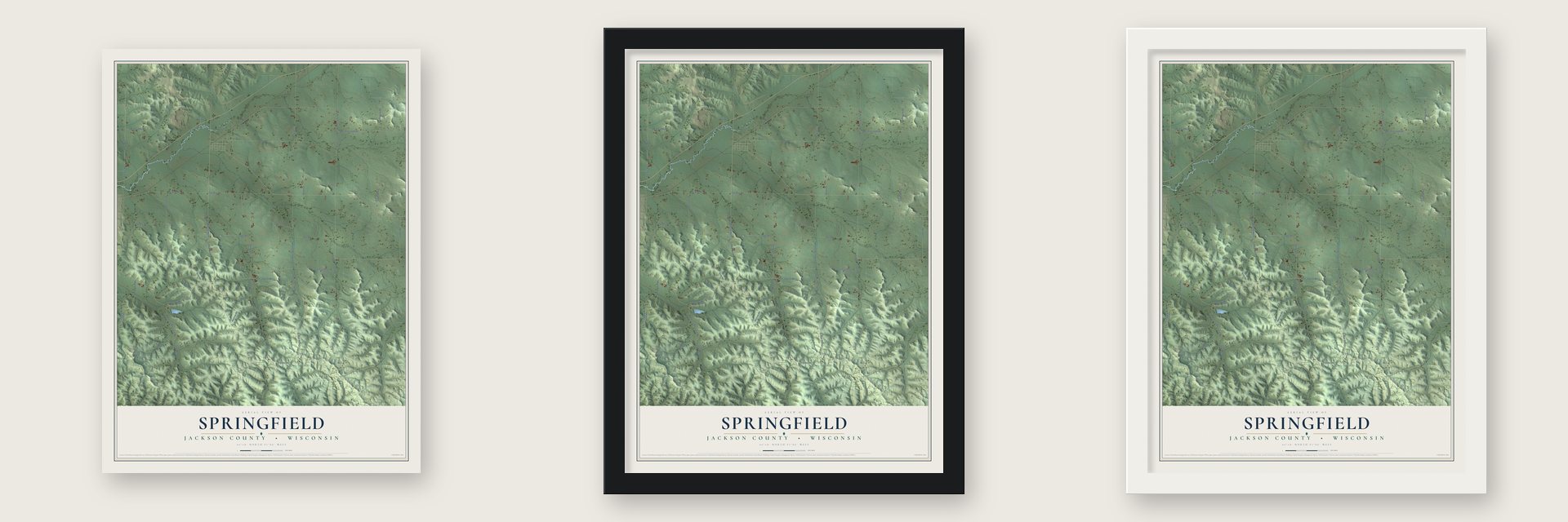 Springfield, Jackson County, Wisconsin map unframed, in a black wood frame and in a white wood frame