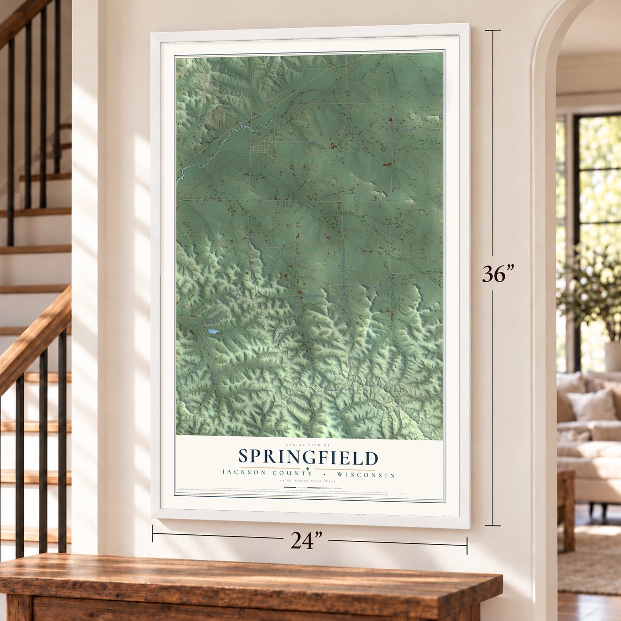 Springfield, Jackson County, Wisconsin map, 24 x 36 inch print in a white frame by a staircase
