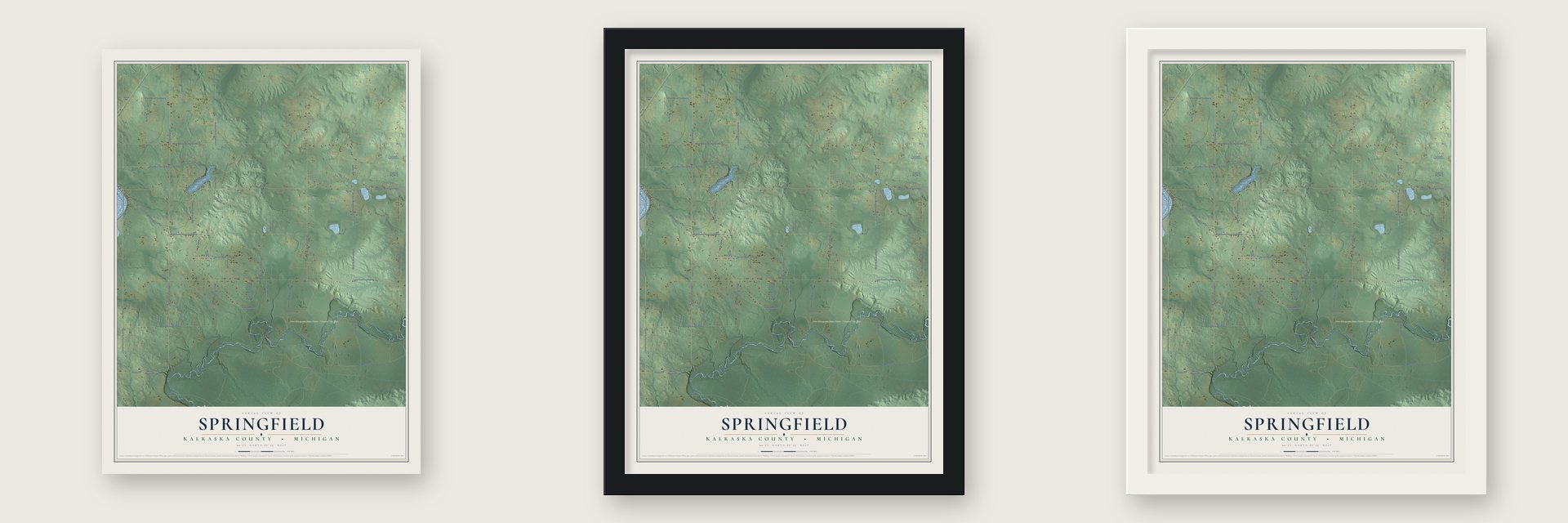 Springfield, Kalkaska County, Michigan map unframed, in a black wood frame and in a white wood frame