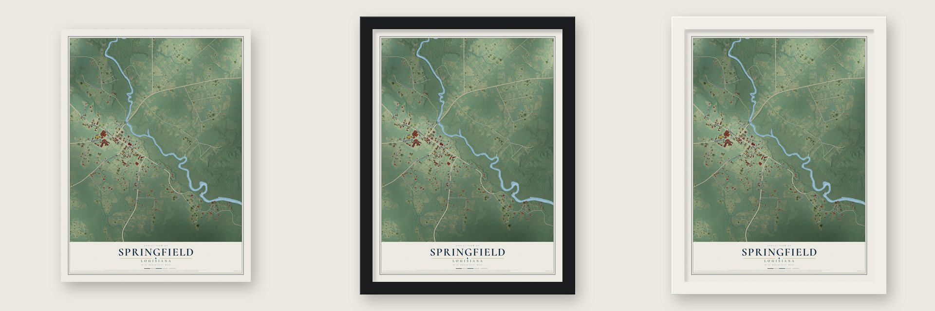 Springfield, Louisiana map unframed, in a black wood frame and in a white wood frame