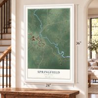Springfield, Louisiana map, 24 x 36 inch print in a white frame by a staircase