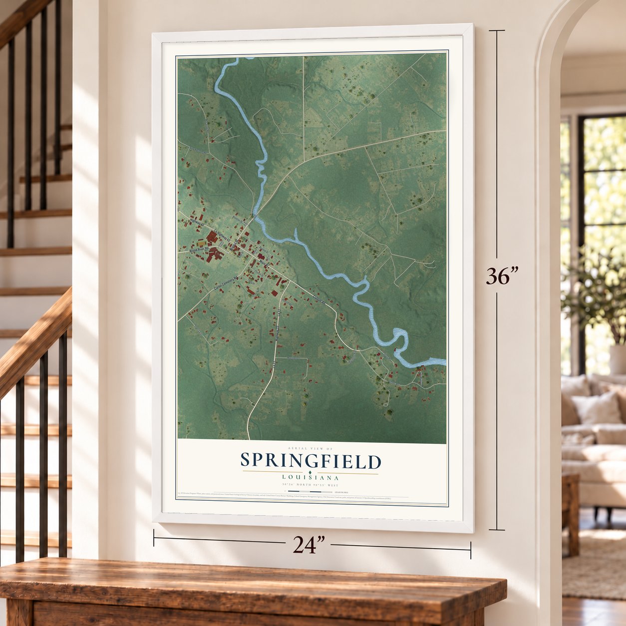 Springfield, Louisiana map, 24 x 36 inch print in a white frame by a staircase