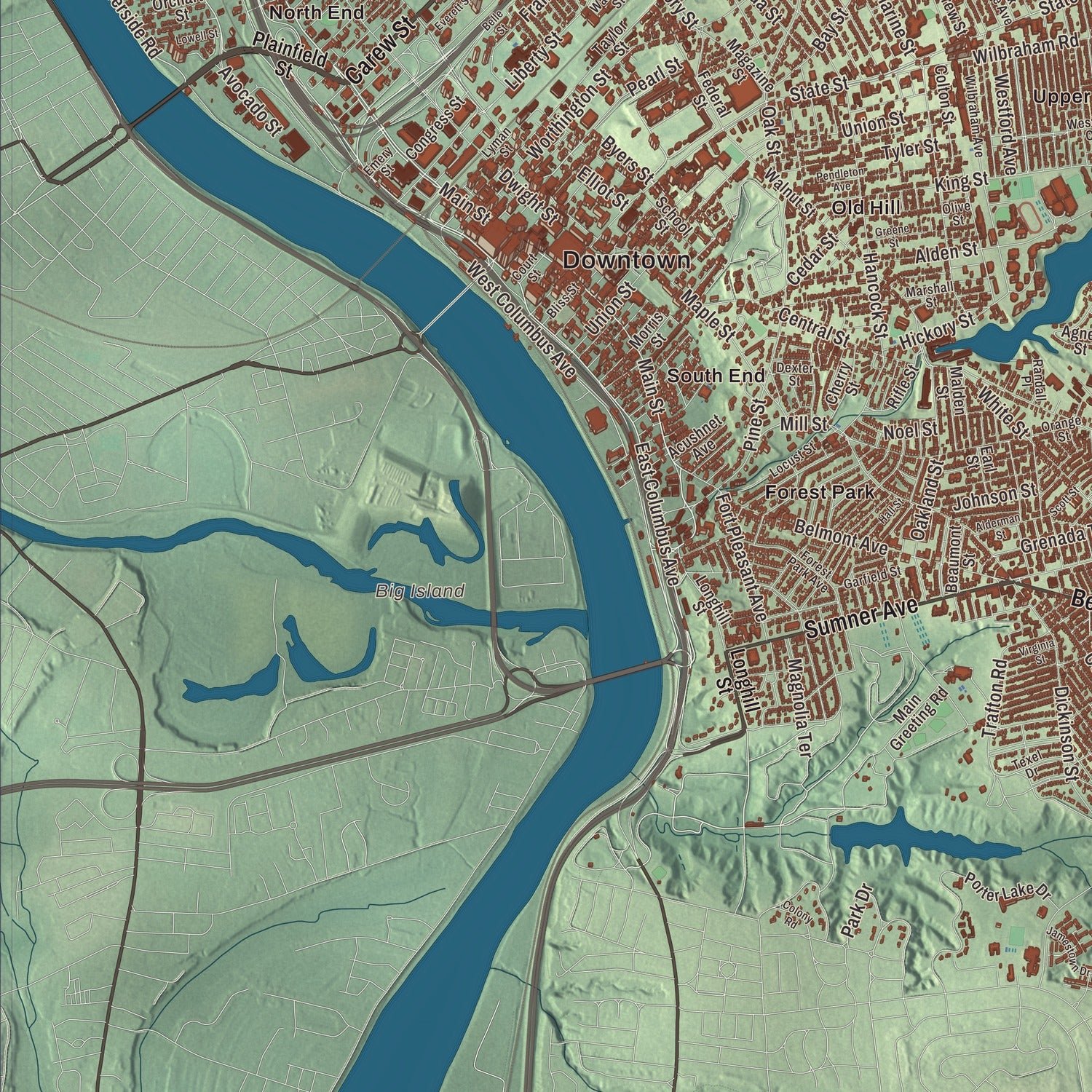 Close-up of the map of Springfield, Massachusetts print showing terrain and local geography