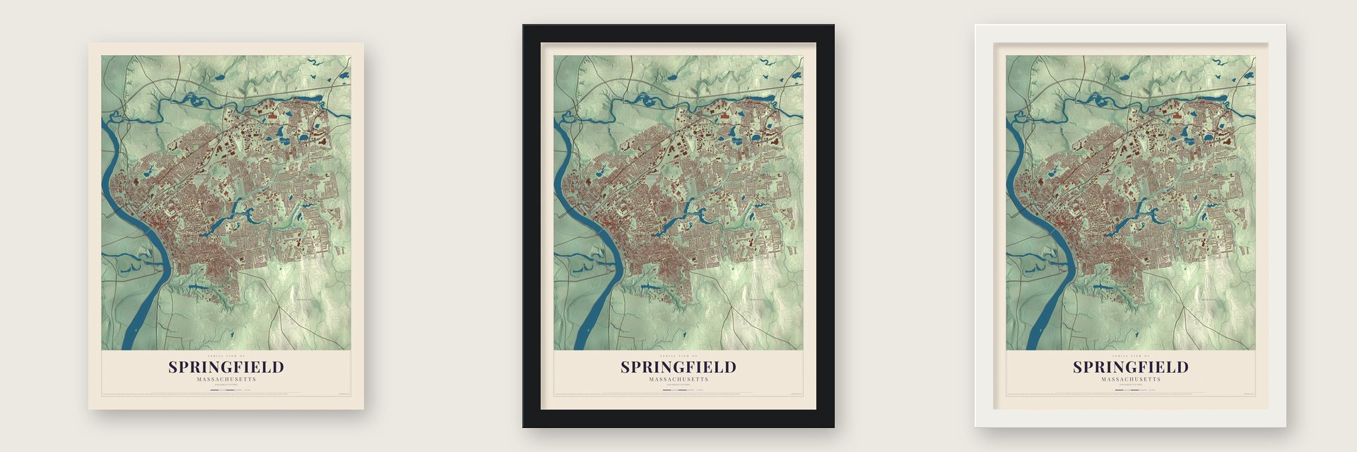 Springfield, Massachusetts map unframed, in a black wood frame and in a white wood frame
