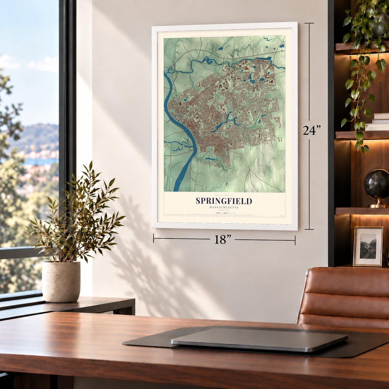 Springfield, Massachusetts map, 18 x 24 inch print in a white frame in a home office
