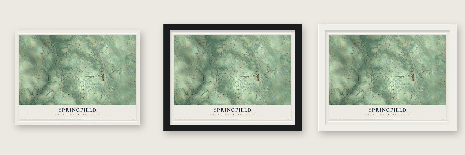 Springfield, Mercer County, Pennsylvania map unframed, in a black wood frame and in a white wood frame