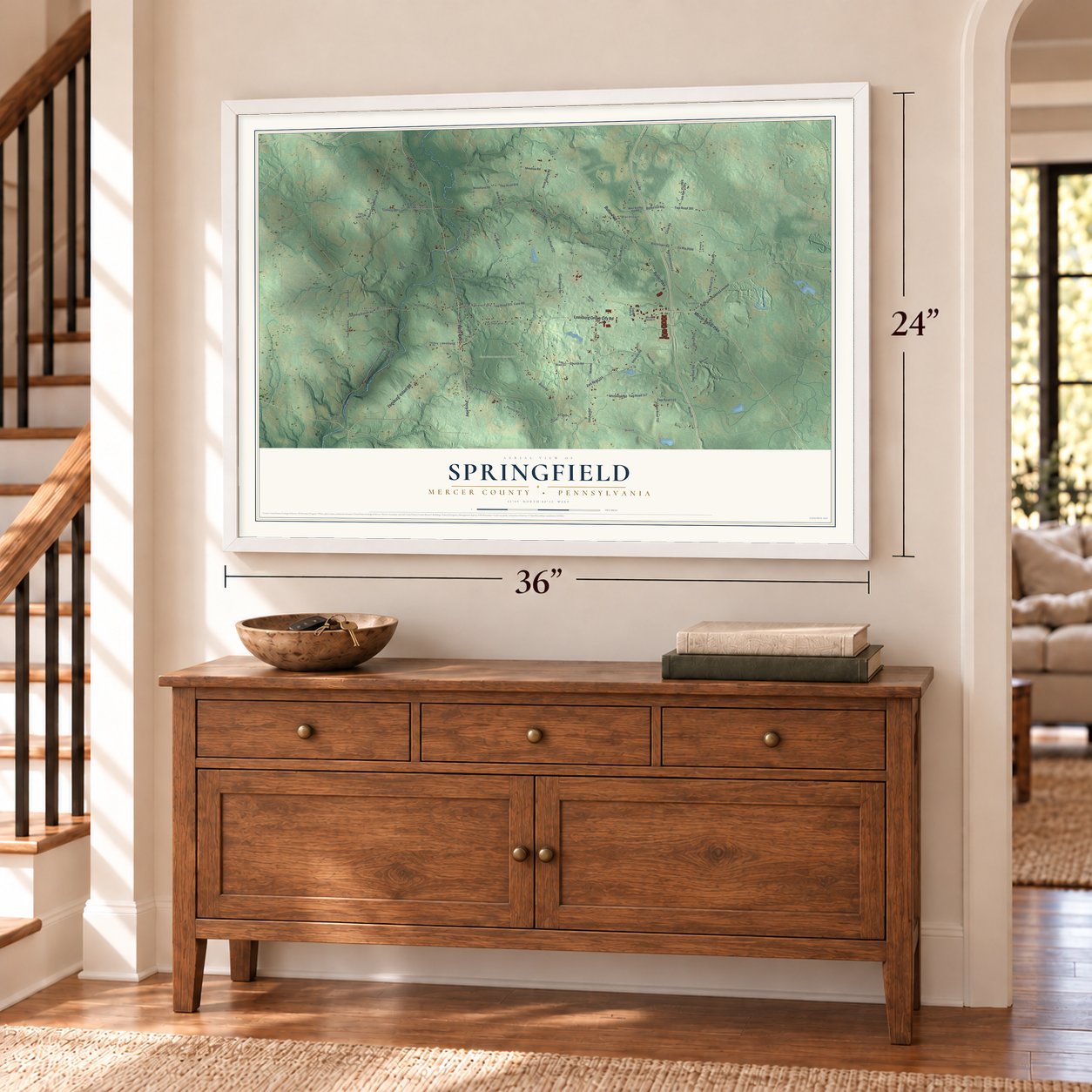 Springfield, Mercer County, Pennsylvania map, 24 x 36 inch print in a white frame above a dresser by a staircase