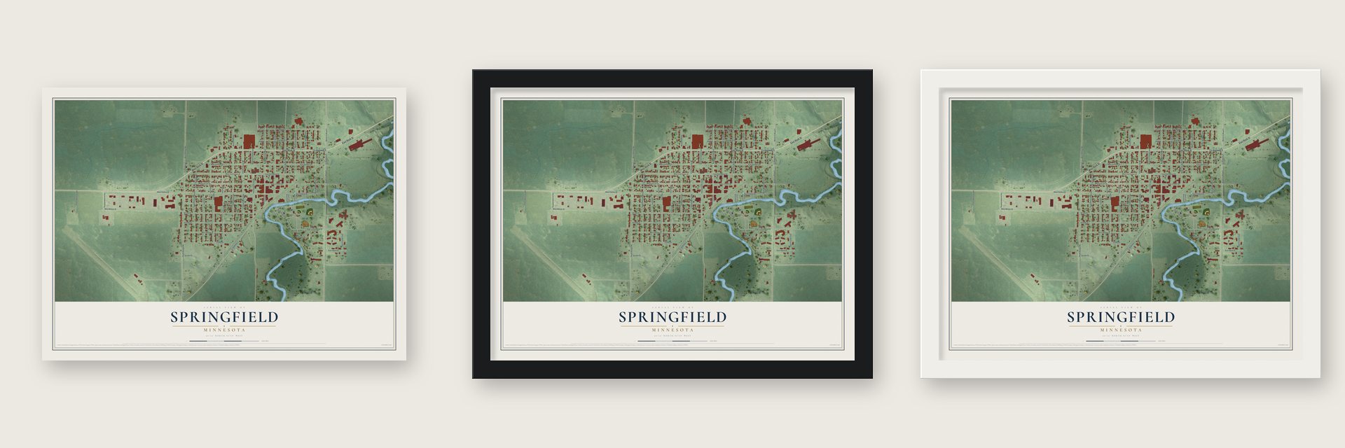 Springfield, Minnesota map unframed, in a black wood frame and in a white wood frame