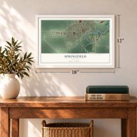 Springfield, Minnesota map, 12 x 18 inch print in a white frame in an entryway