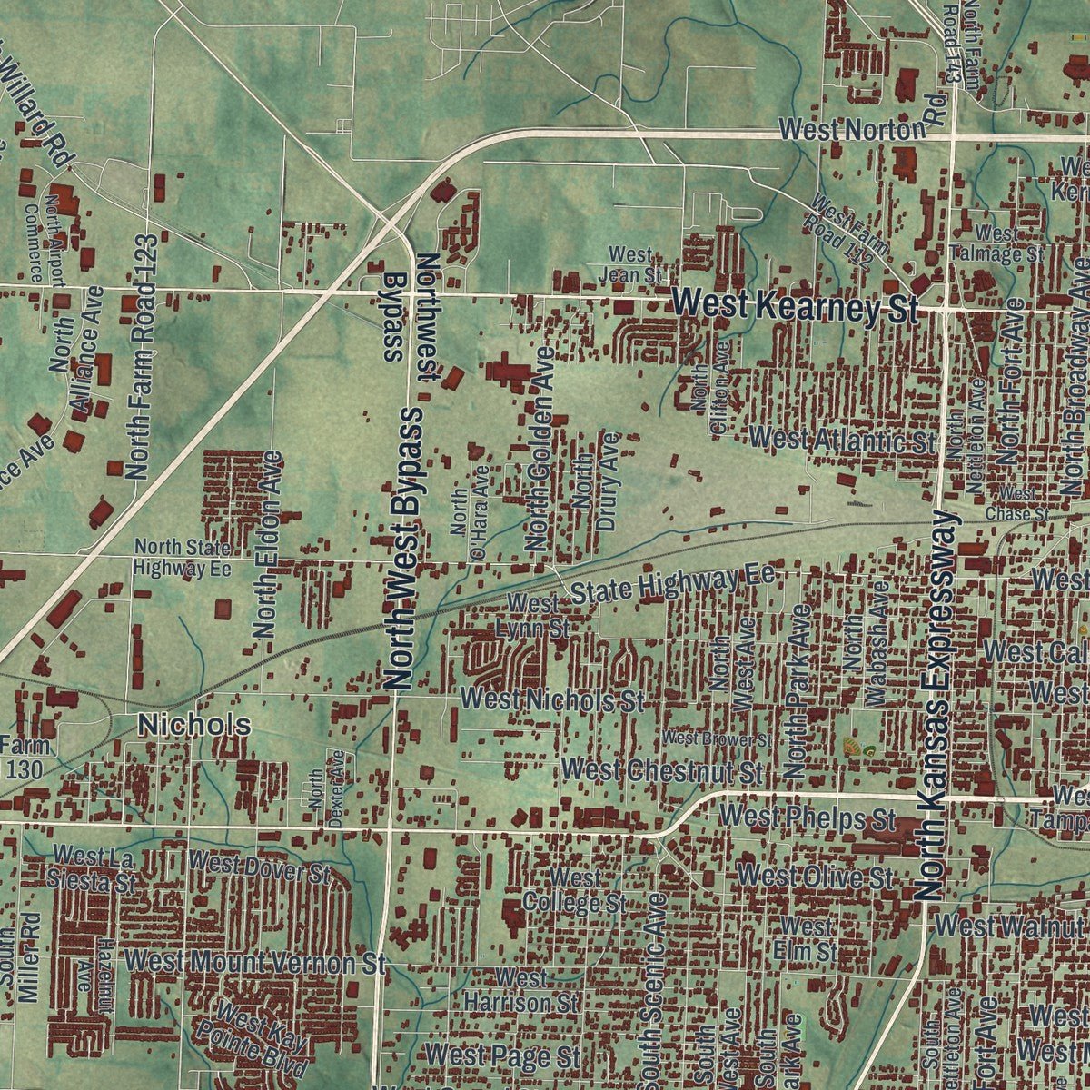 Second close-up of the map of Springfield, Missouri print showing more streets and buildings