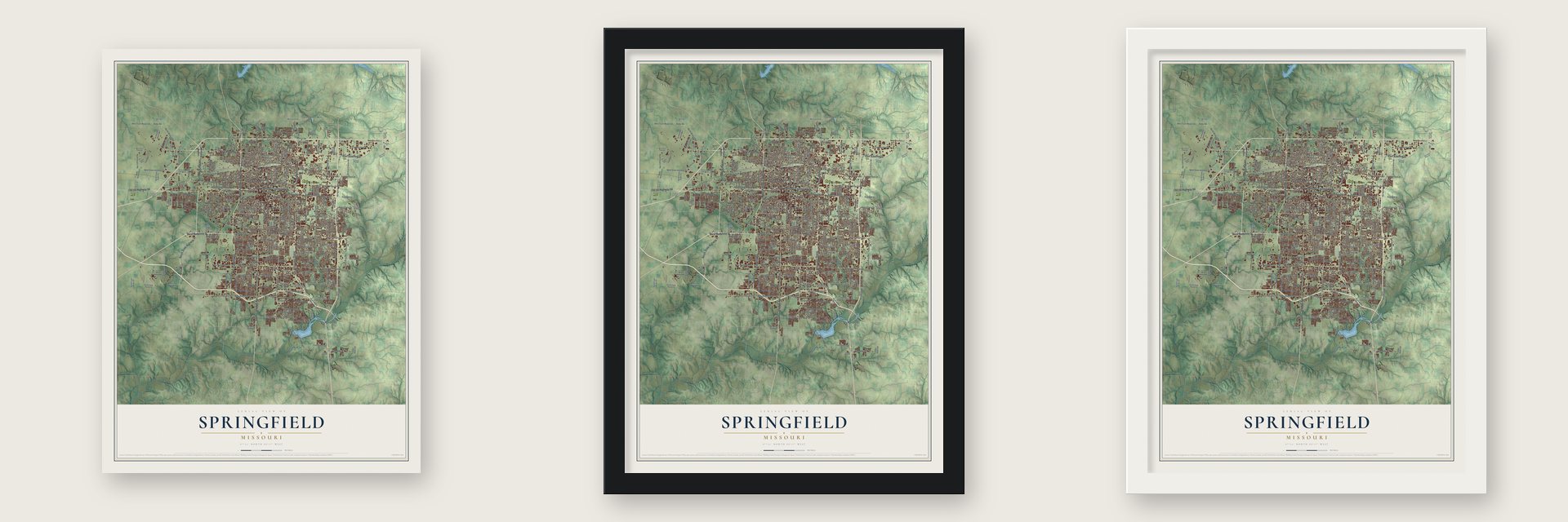 Springfield, Missouri map unframed, in a black wood frame and in a white wood frame