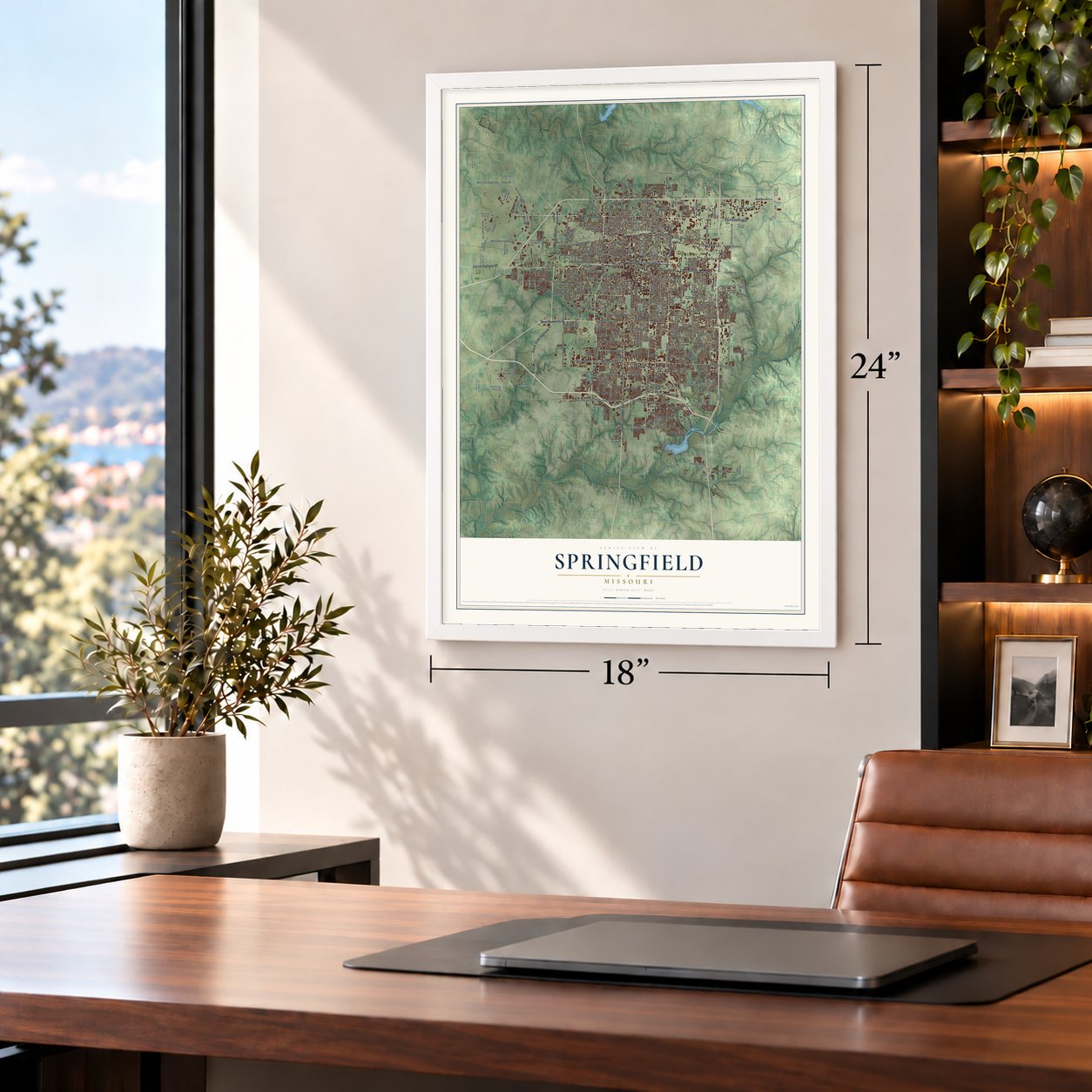 Springfield, Missouri map, 18 x 24 inch print in a white frame in a home office