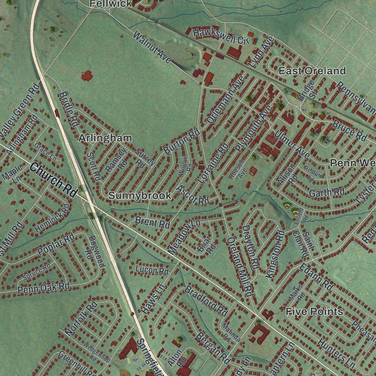 Second close-up of the map of Springfield, Montgomery County, Pennsylvania print showing more streets and buildings