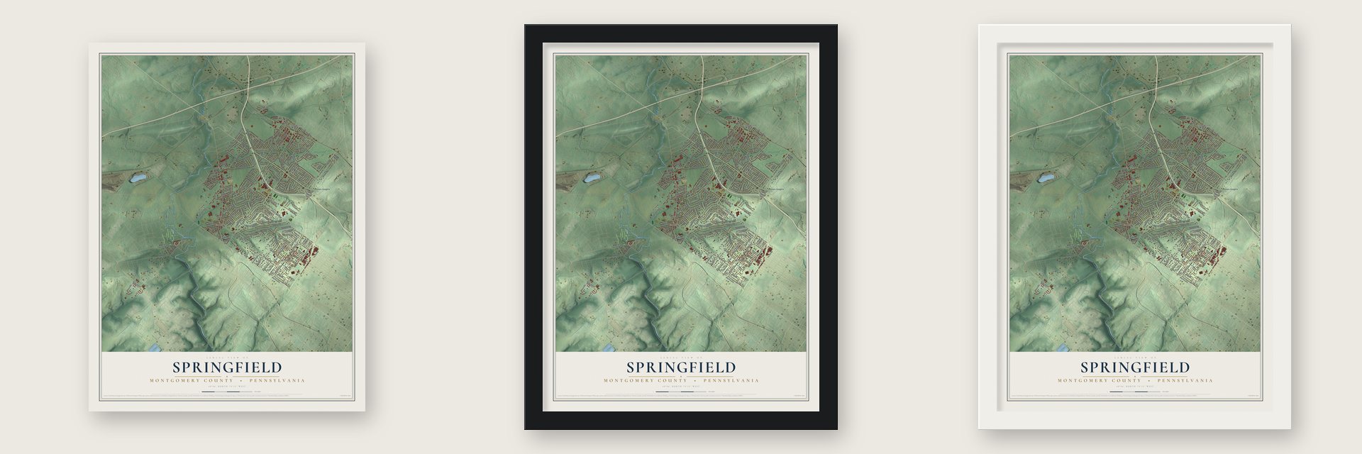 Springfield, Montgomery County, Pennsylvania map unframed, in a black wood frame and in a white wood frame