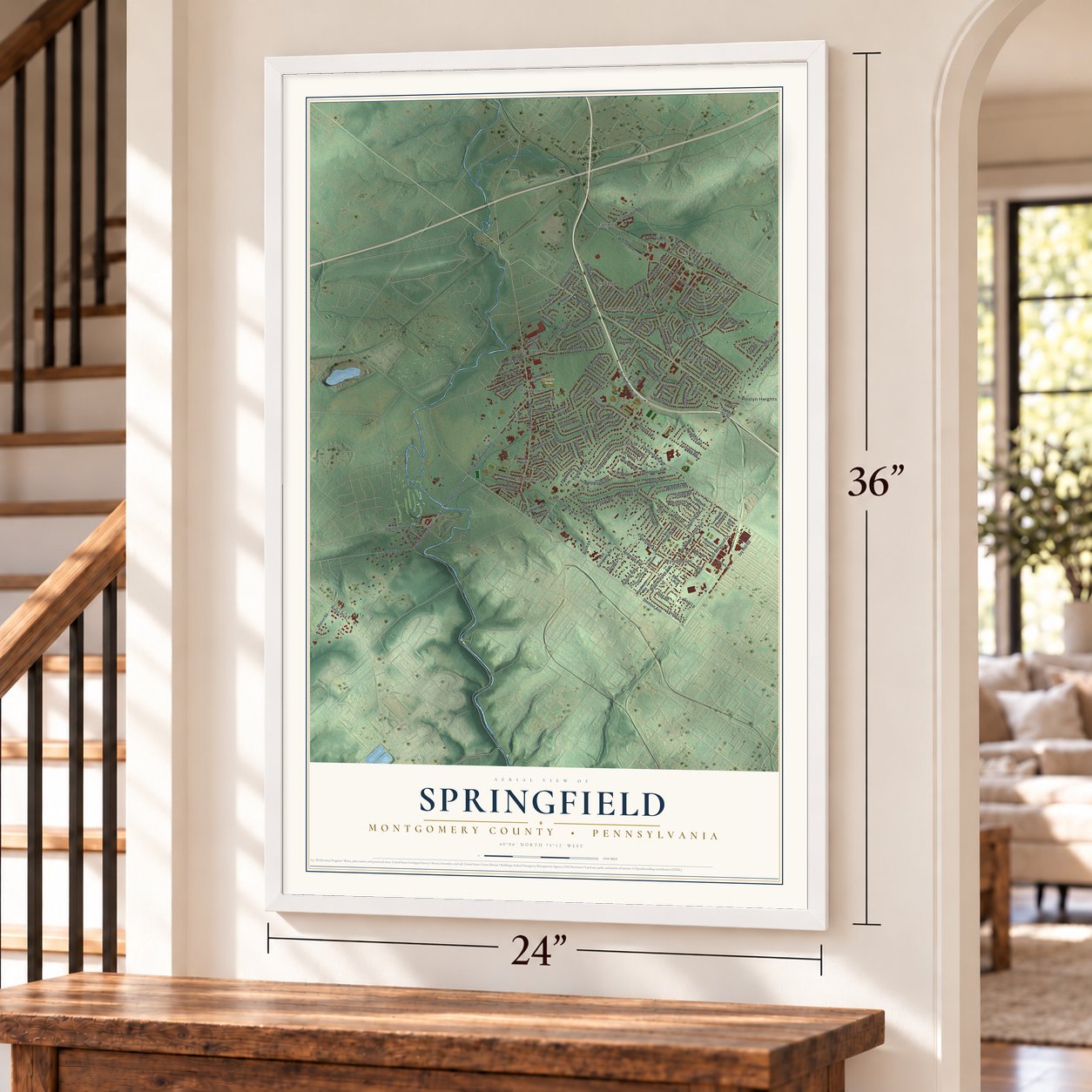 Springfield, Montgomery County, Pennsylvania map, 24 x 36 inch print in a white frame by a staircase