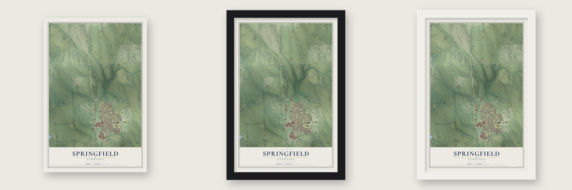 Springfield, Nebraska map unframed, in a black wood frame and in a white wood frame