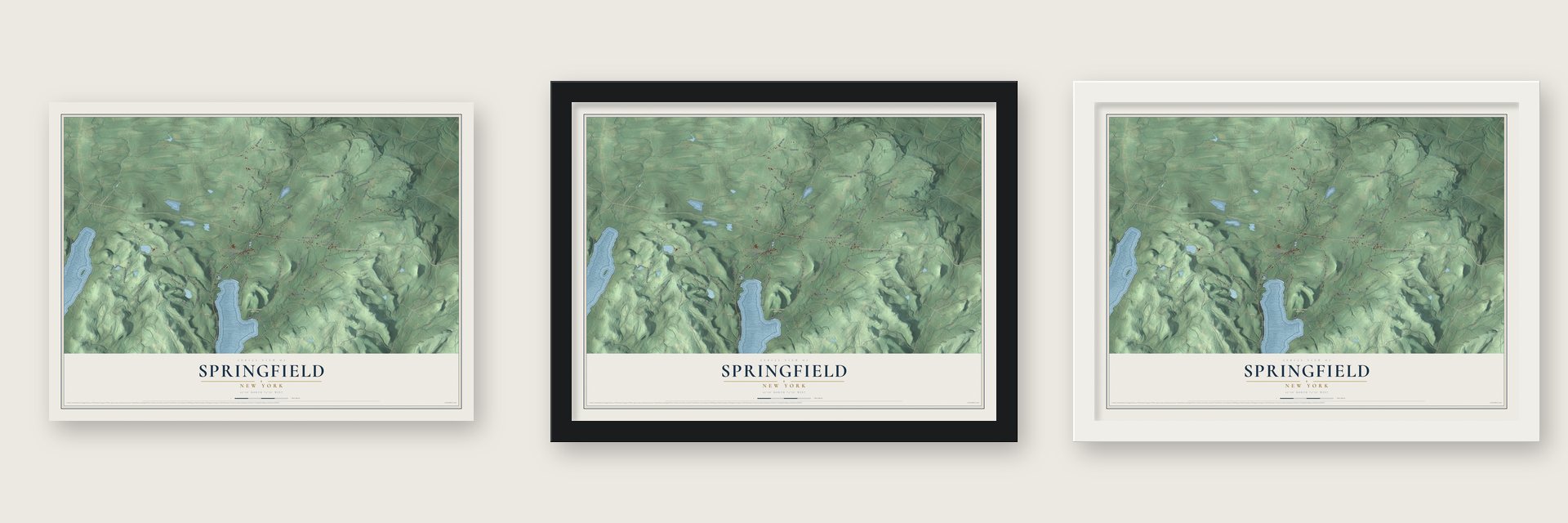 Springfield, New York map unframed, in a black wood frame and in a white wood frame