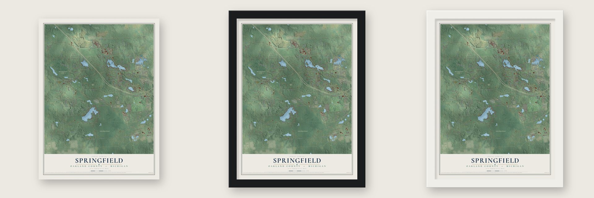 Springfield, Oakland County, Michigan map unframed, in a black wood frame and in a white wood frame
