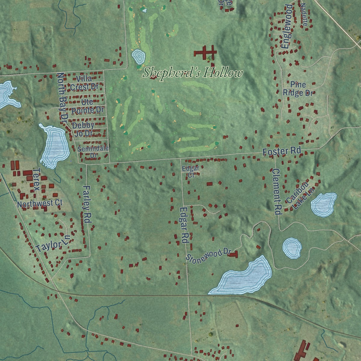 Second close-up of the map of Springfield, Oakland County, Michigan print showing more streets and buildings