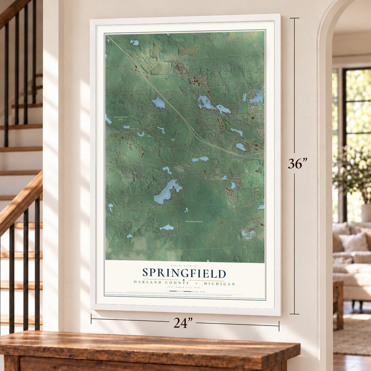 Springfield, Oakland County, Michigan map, 24 x 36 inch print in a white frame by a staircase