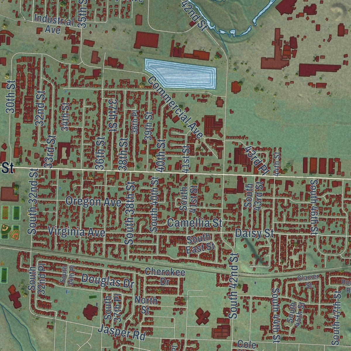 Second close-up of the map of Springfield, Oregon print showing more streets and buildings