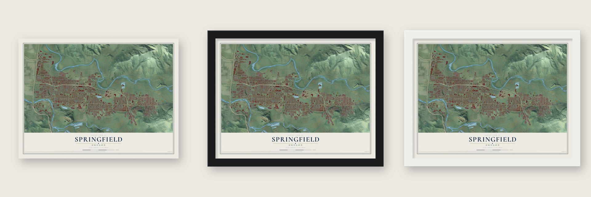 Springfield, Oregon map unframed, in a black wood frame and in a white wood frame