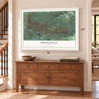 Springfield, Oregon map, 24 x 36 inch print in a white frame above a dresser by a staircase