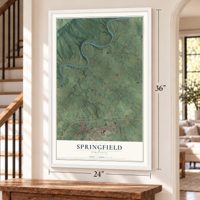 Springfield, Page County, Virginia map, 24 x 36 inch print in a white frame by a staircase