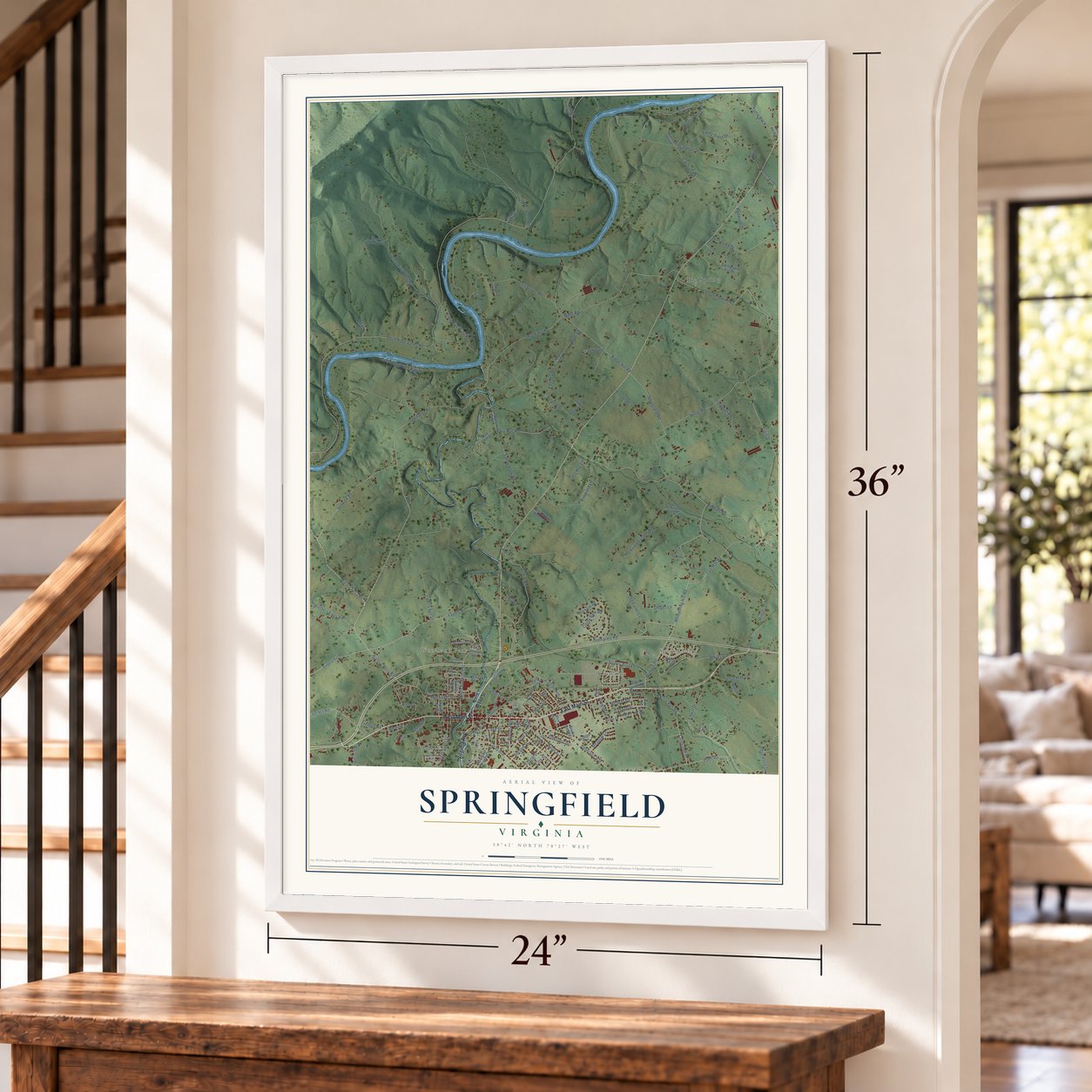 Springfield, Page County, Virginia map, 24 x 36 inch print in a white frame by a staircase