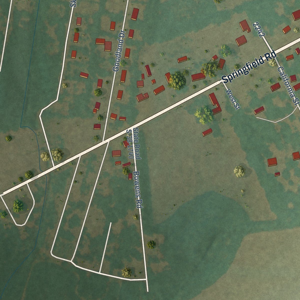 Second close-up of the map of Springfield, South Carolina print showing more streets and buildings