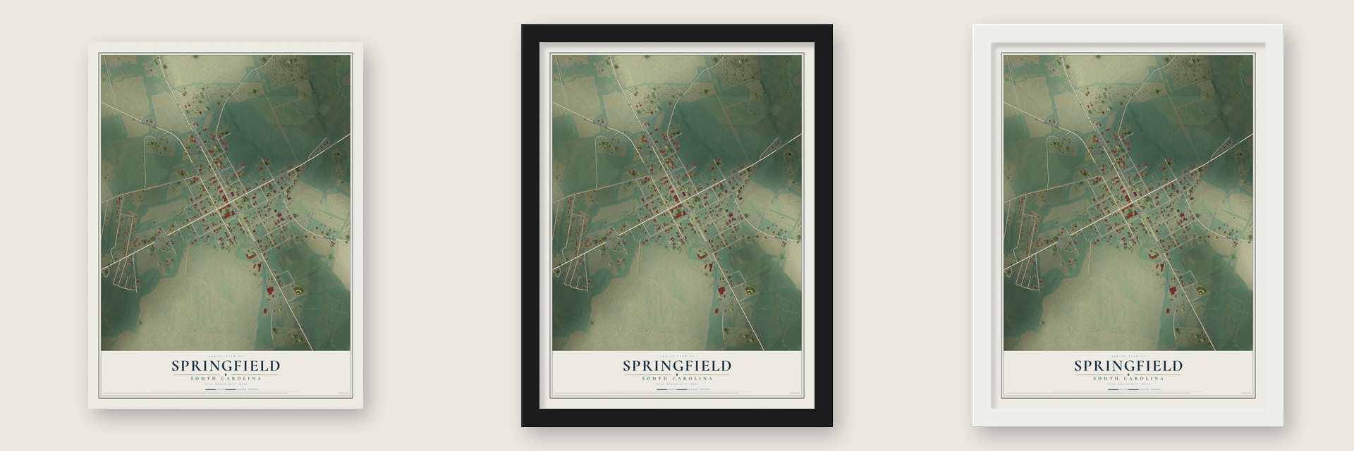 Springfield, South Carolina map unframed, in a black wood frame and in a white wood frame