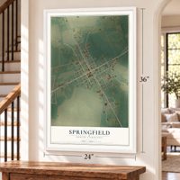 Springfield, South Carolina map, 24 x 36 inch print in a white frame by a staircase