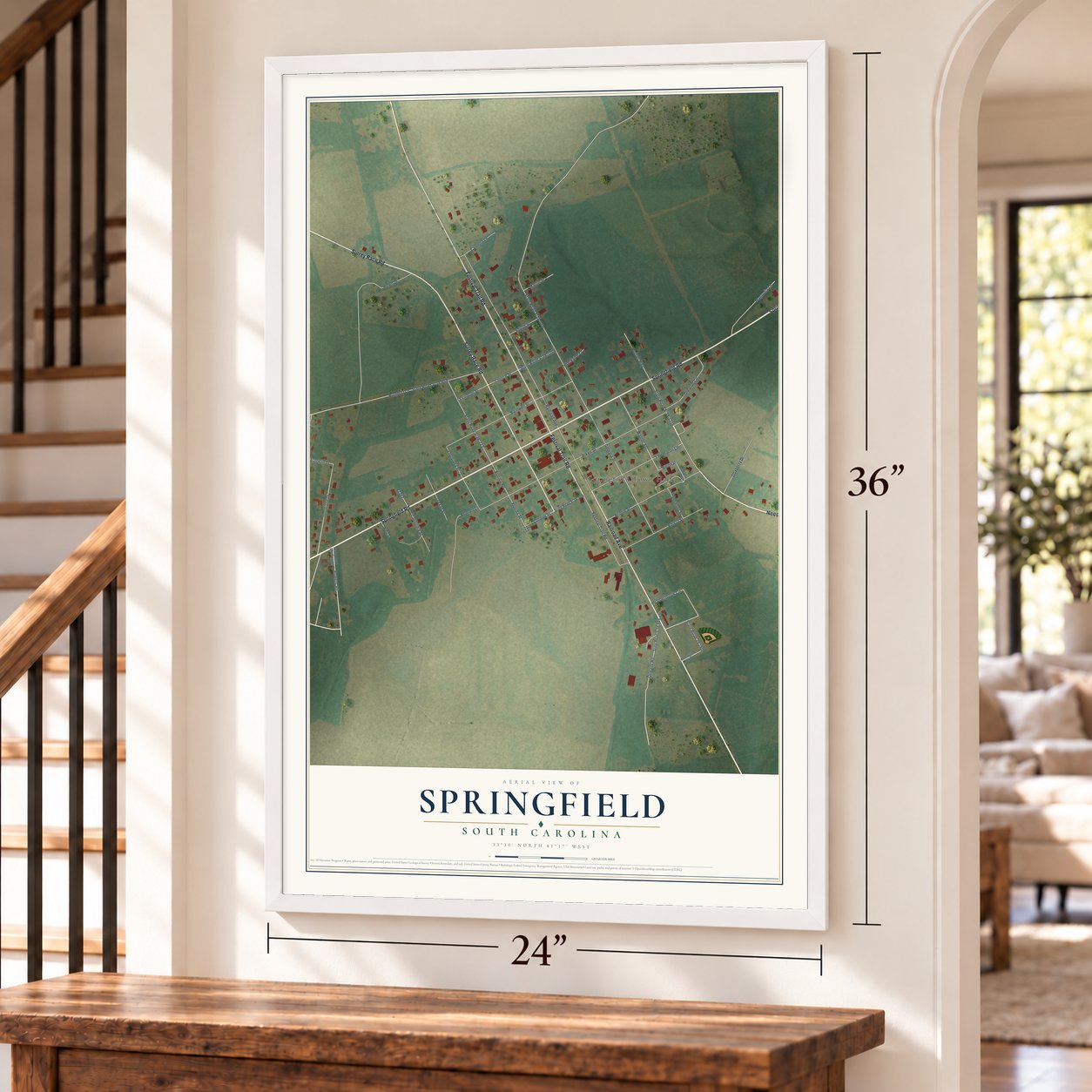 Springfield, South Carolina map, 24 x 36 inch print in a white frame by a staircase