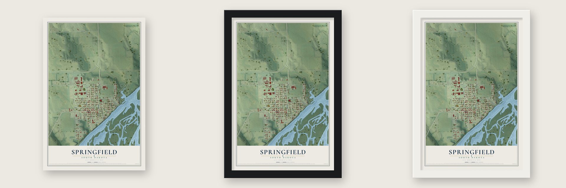 Springfield, South Dakota map unframed, in a black wood frame and in a white wood frame