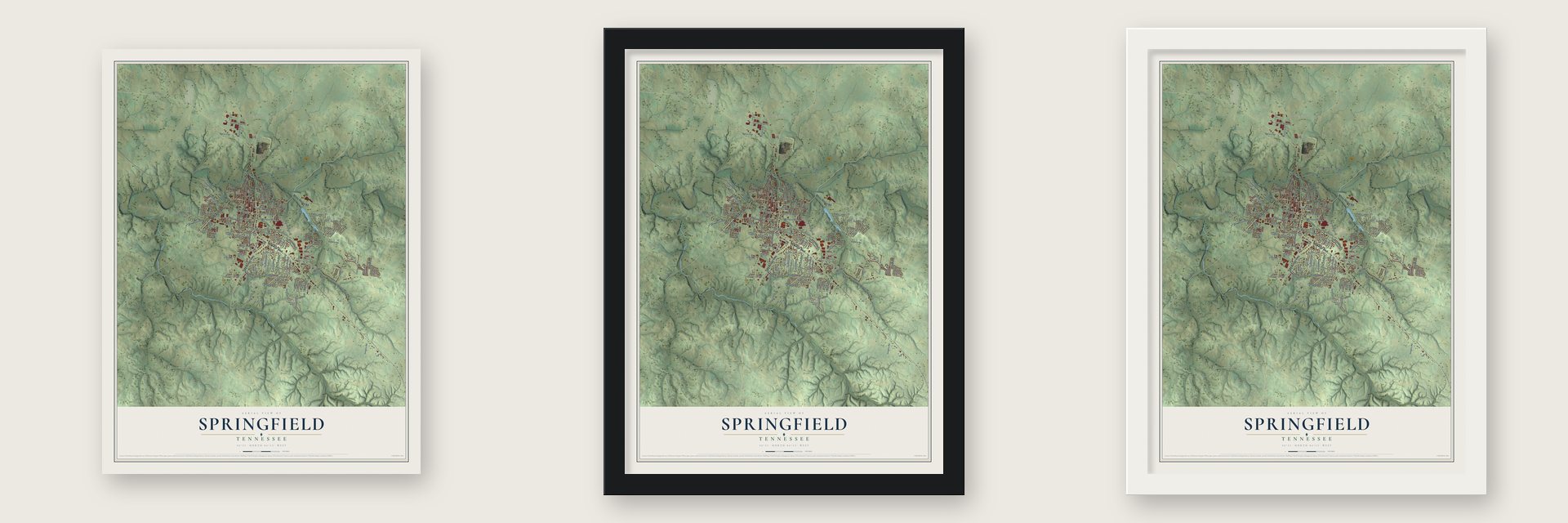 Springfield, Tennessee map unframed, in a black wood frame and in a white wood frame