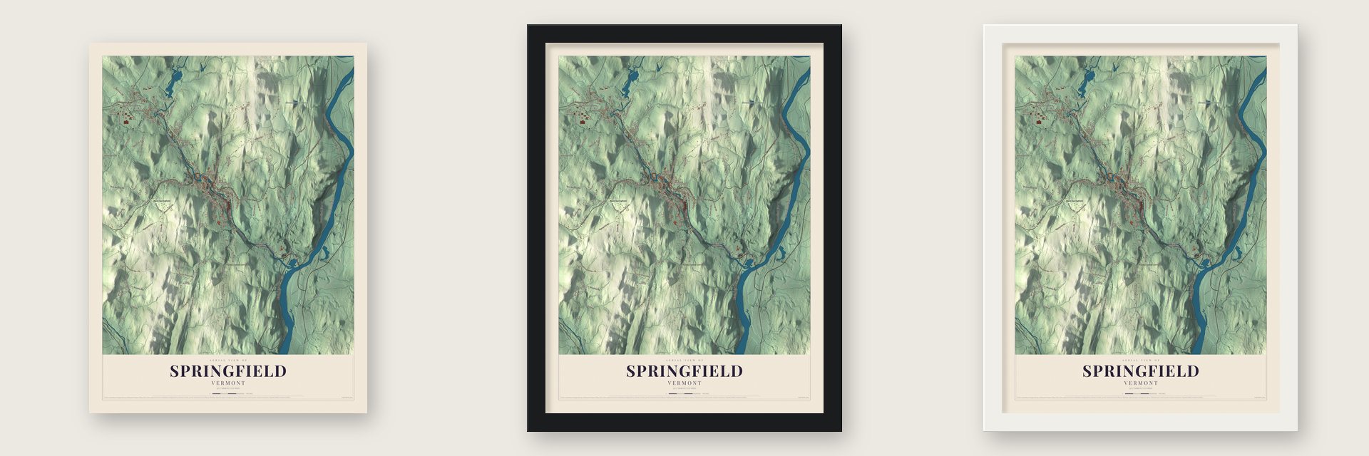 Springfield, Vermont map unframed, in a black wood frame and in a white wood frame