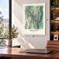 Springfield, Vermont map, 18 x 24 inch print in a white frame in a home office