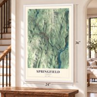 Springfield, Vermont map, 24 x 36 inch print in a white frame by a staircase