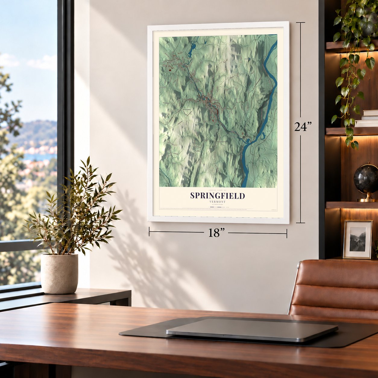 Springfield, Vermont map, 18 x 24 inch print in a white frame in a home office