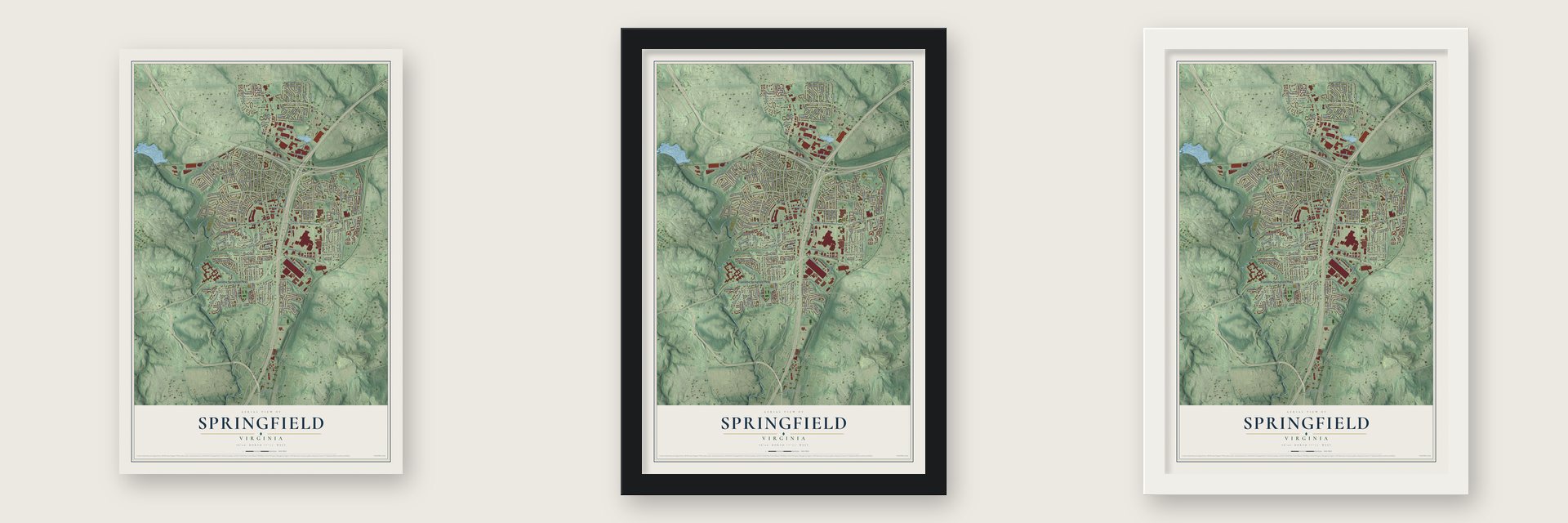 Springfield, Virginia map unframed, in a black wood frame and in a white wood frame