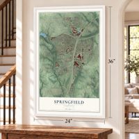 Springfield, Virginia map, 24 x 36 inch print in a white frame by a staircase